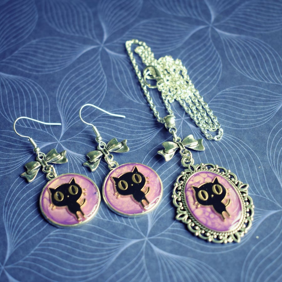 Black Cat Earrings and Necklace Set, Cat Lovers Gift