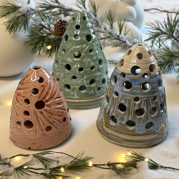 Set of 3 hand crafted Christmas Tree tea light holders