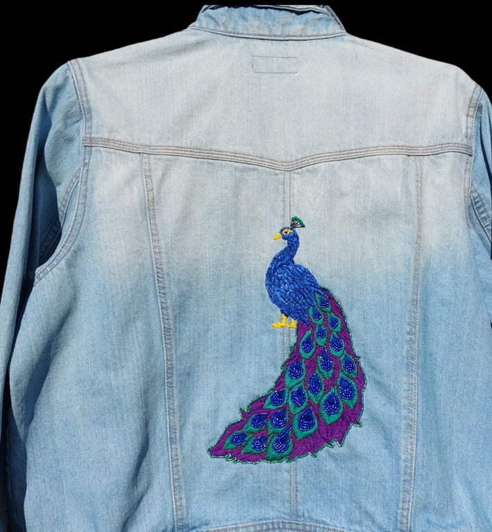 Hand embroidered Peacock denim jacket (uk size 22)-upcycled artisan wearable art