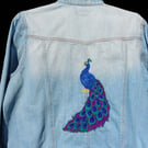 Hand embroidered Peacock denim jacket (uk size 22)-upcycled artisan wearable art