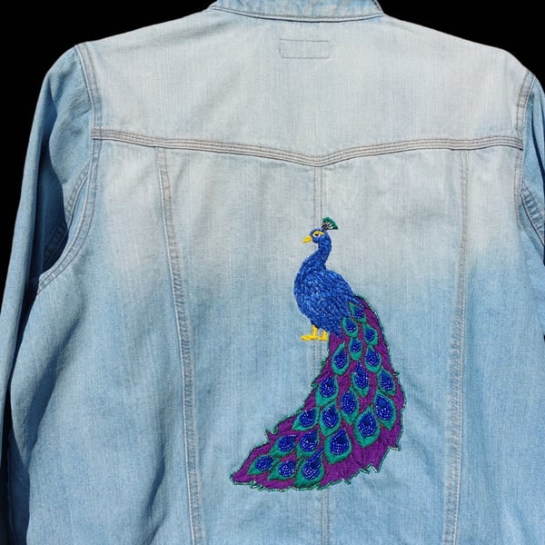 Hand embroidered Peacock denim jacket (uk size 22)-upcycled artisan wearable art