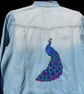 Hand embroidered Peacock denim jacket (uk size 22)-upcycled artisan wearable art