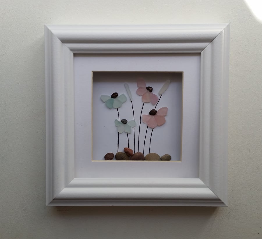 Sea Glass Flowers, Sea Glass Art, Hand Made in Cornwall, Wall Art, Cornish