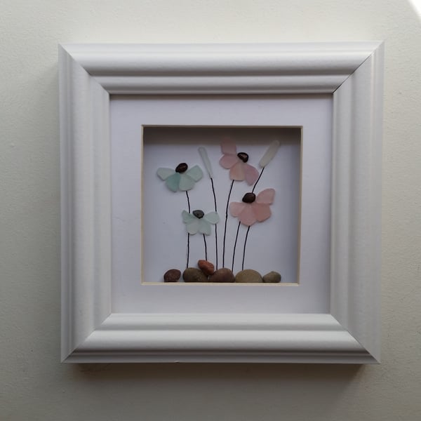 Sea Glass Flowers, Sea Glass Art, Hand Made in Cornwall, Wall Art, Cornish