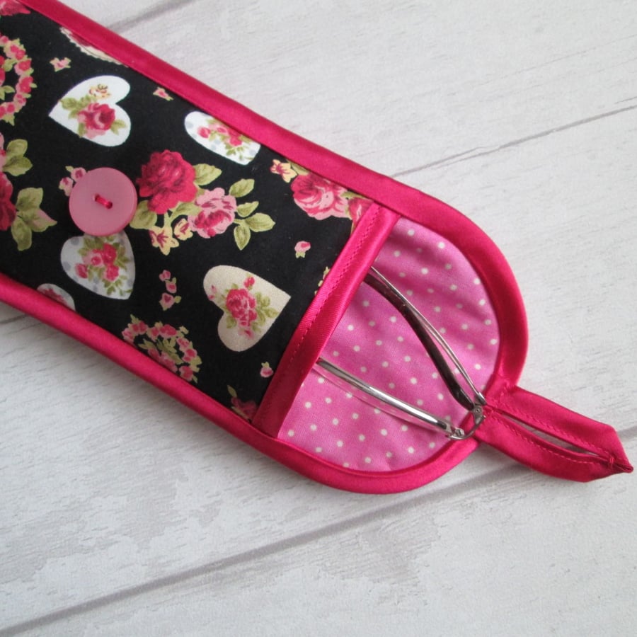 Pink Floral Hearts on Black Soft Glasses Case or Phone Case, Storage Pouch