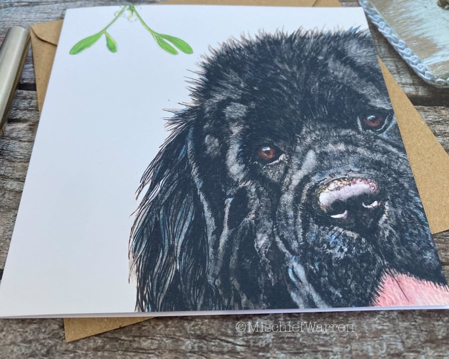 Newfoundland Christmas Card. Black Newfie dog Christmas card.