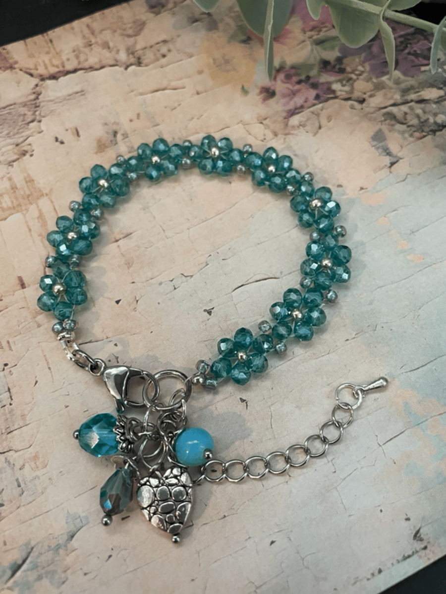 Pretty Delicate Turquoise Blue Beaded Charm Bracelet – Dainty Handmade Jewelry 