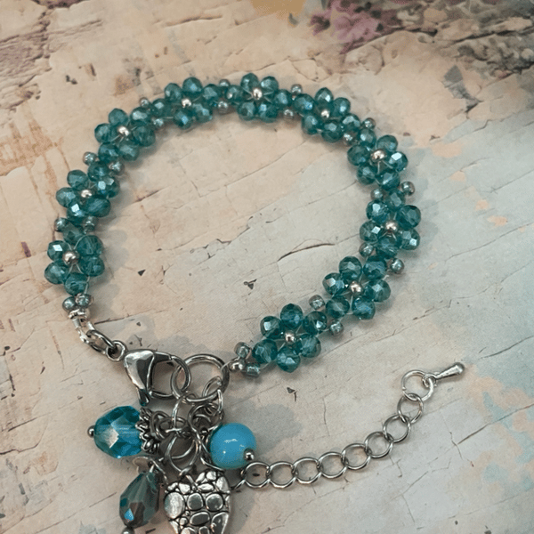 Pretty Delicate Turquoise Blue Beaded Charm Bracelet – Dainty Handmade Jewelry 