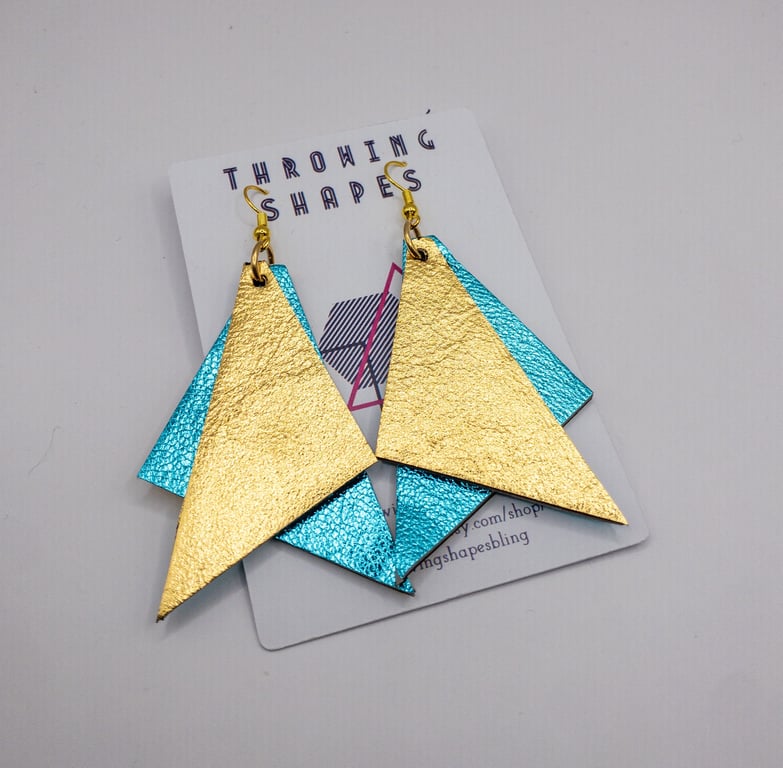 Handmade metallic turquoise and gold layered triangle earrings, lightweight stat