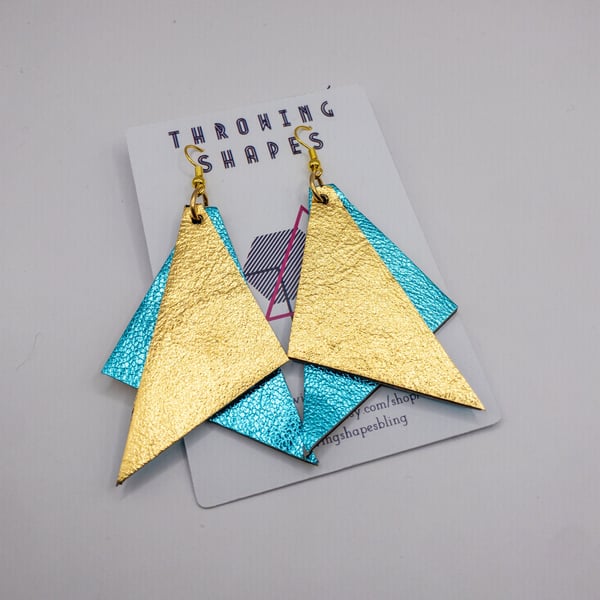 Handmade metallic turquoise and gold layered triangle earrings, lightweight stat
