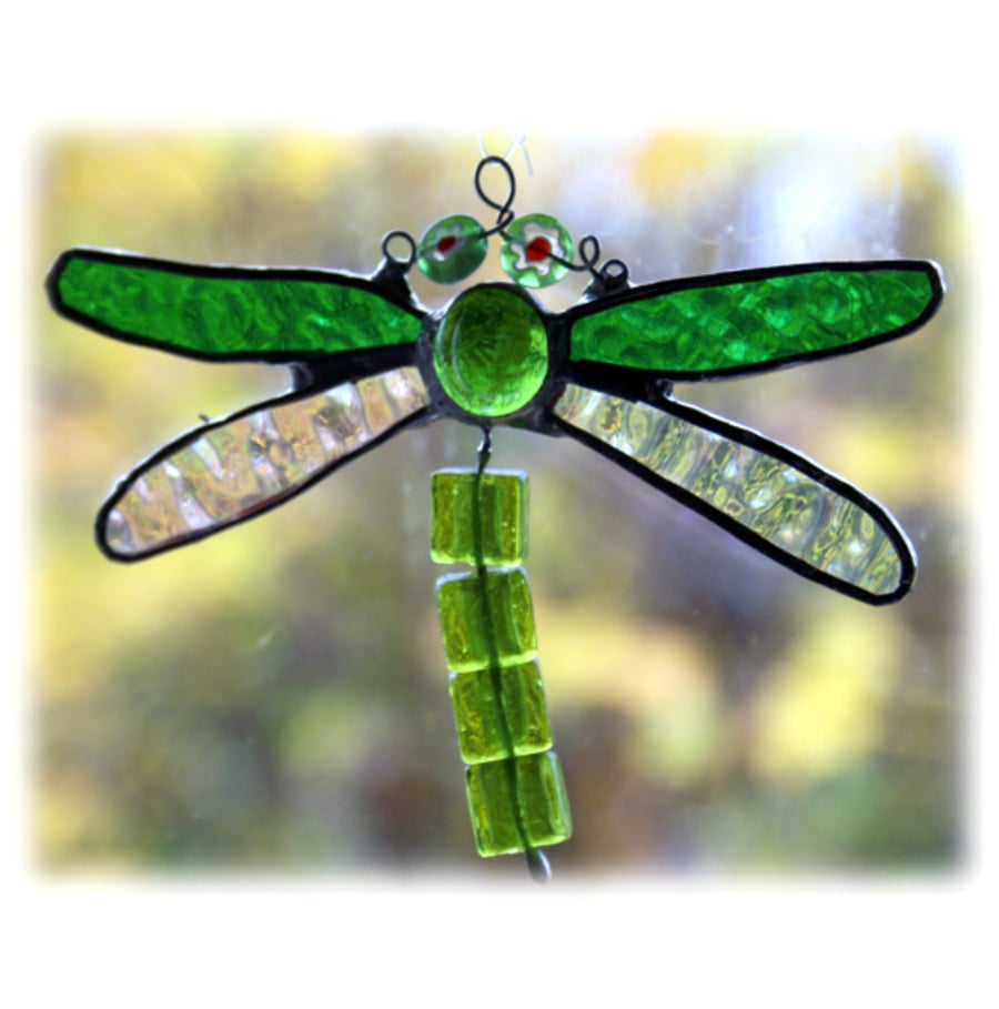 Dragonfly Suncatcher Stained Glass Green Bead-Tailed  