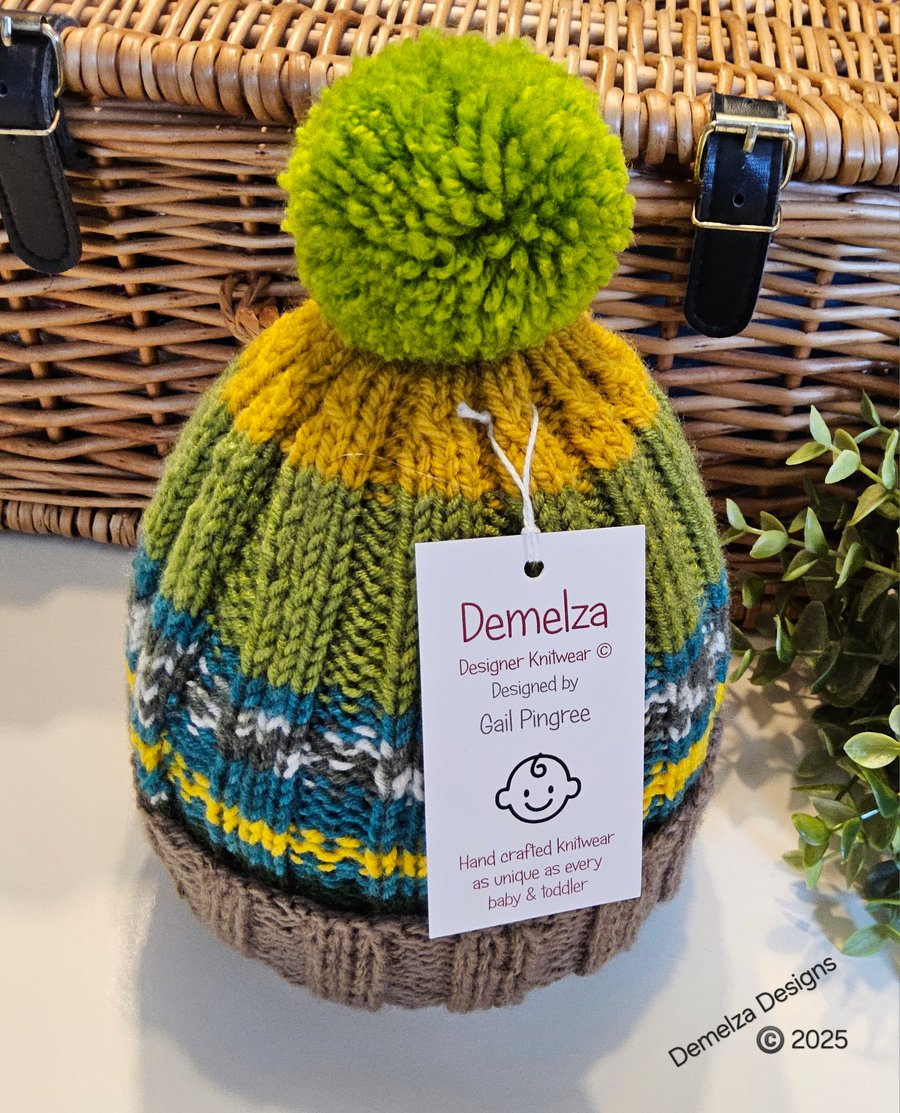 Designer Hand Knitted Toddler's Large Pom Pom Beanie Hat 1-2 Years size