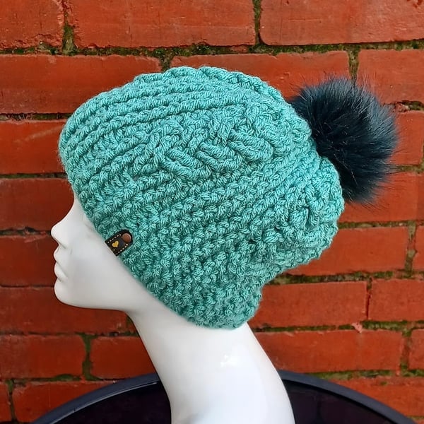 Chunky green beanie with pompom, crochet bobble hat