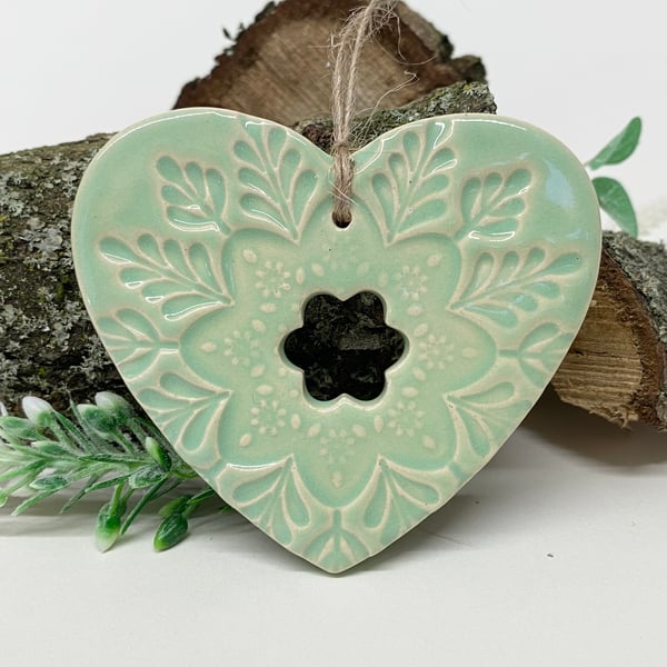 Ceramic heart hanging decoration Pottery heart mint green