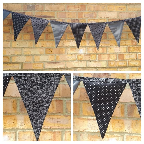 Bunting in black polkadot,  black circles and grey fabric.  