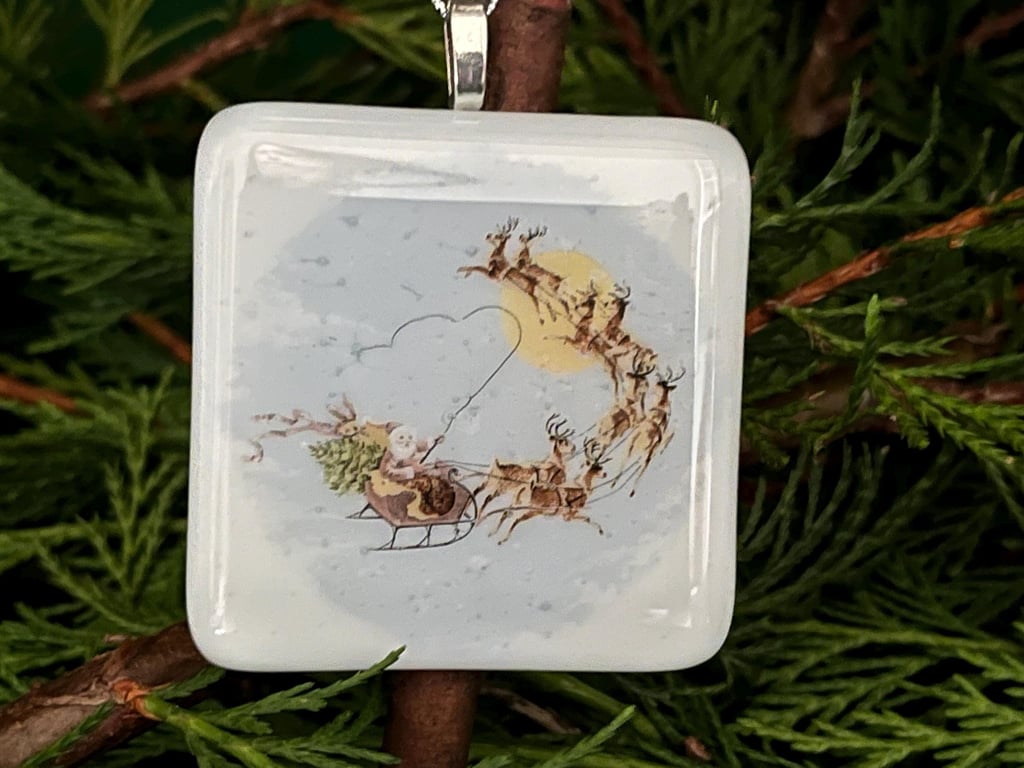 Handcrafted Fused Christmas Ornament: Santa Sleigh, Reindeer Keepsake Card