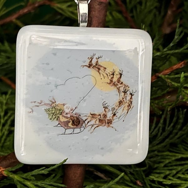 Handcrafted Fused Christmas Ornament: Santa Sleigh, Reindeer Keepsake Card