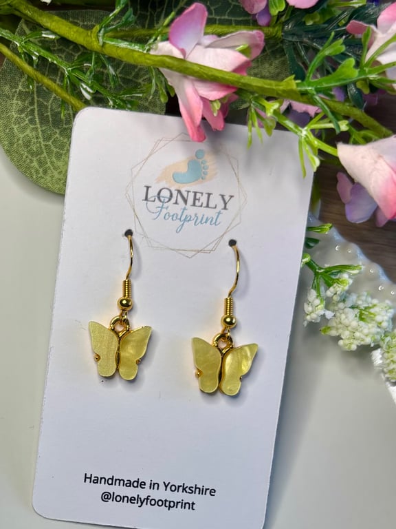 Lemon Yellow Butterfly Earrings, Charm Earrings, Handmade Jewellery 