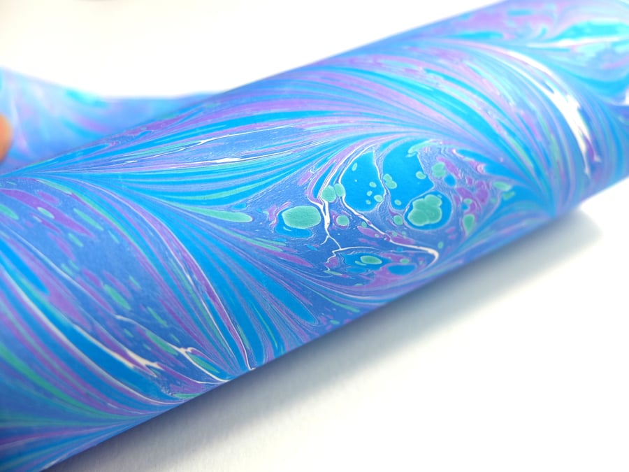 Handmade Marbled paper A4 sheet purple blue feather pattern slight second 
