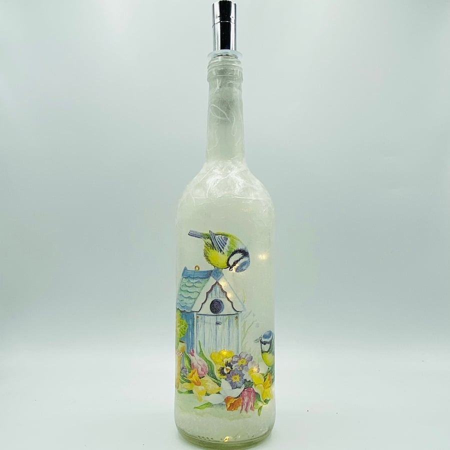 Decoupage bottle light, Birds, Blue Tit, bird box