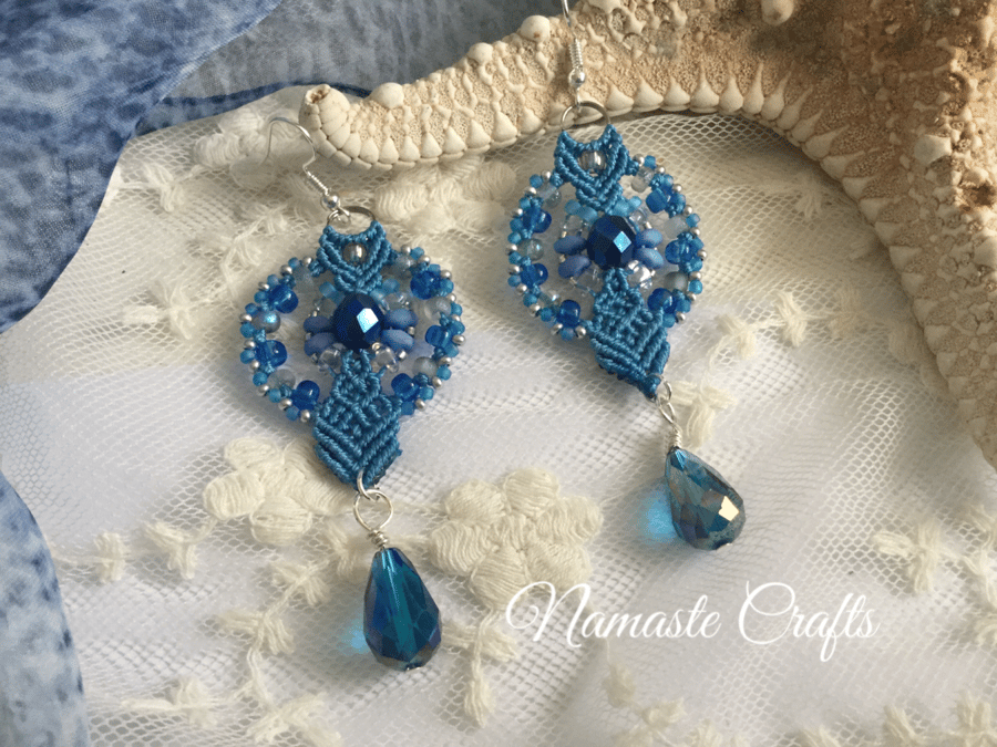 Blue Ocean delicate beaded macrame earrings, delicate earrings, gift, special