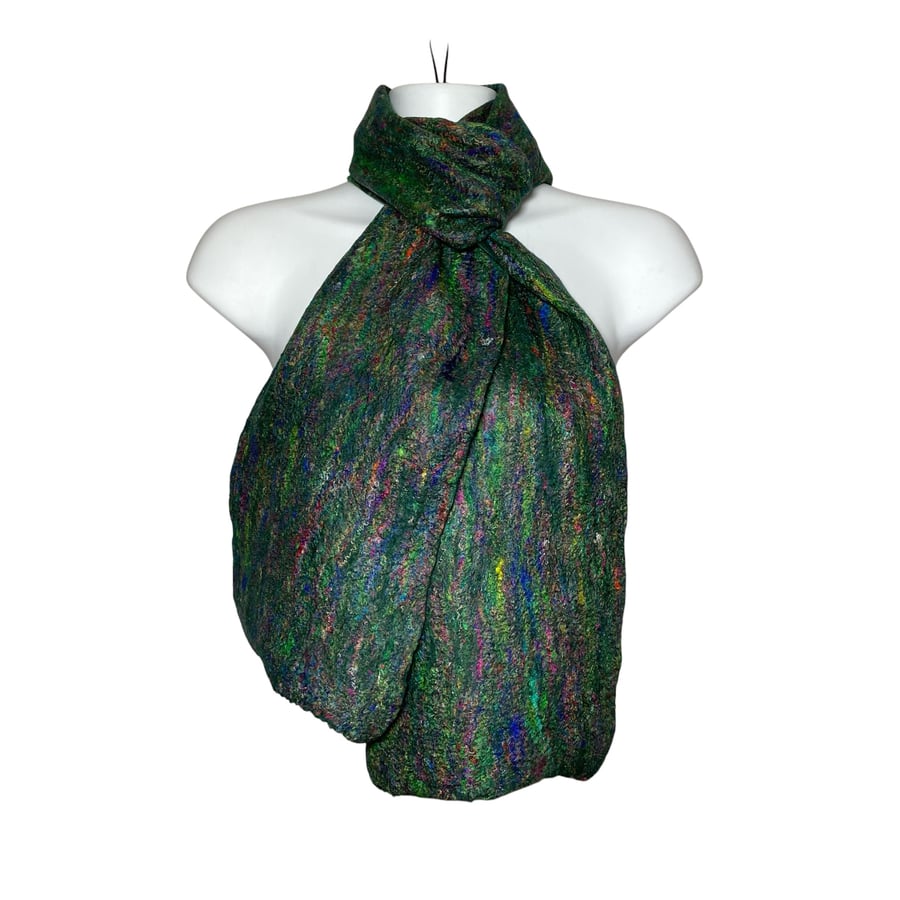  Merino wool and silk scarf in forest green, felted