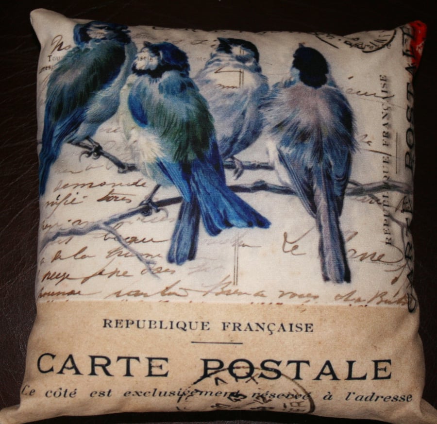 Cushion  garden bird Washable cushion  12x12"  Blue tit bird french text