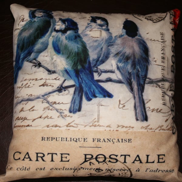 Cushion  garden bird Washable cushion  12x12"  Blue tit bird french text
