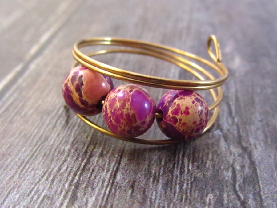 Purple Jasper Rose Gold Memory Wire Ring, Purple Ring