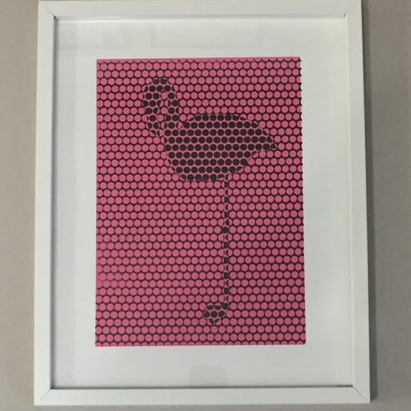 Flamingo, black on pink, framed