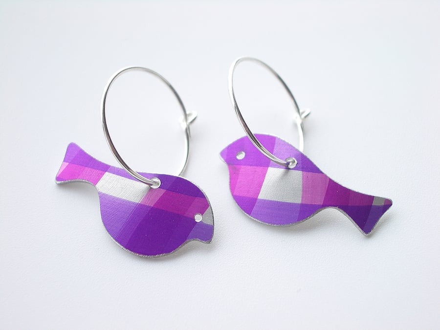 Bird earrings in purple and pink checks