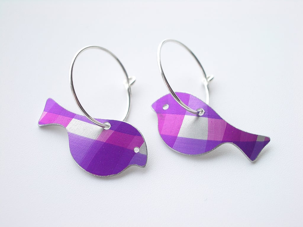 Bird earrings in purple and pink checks