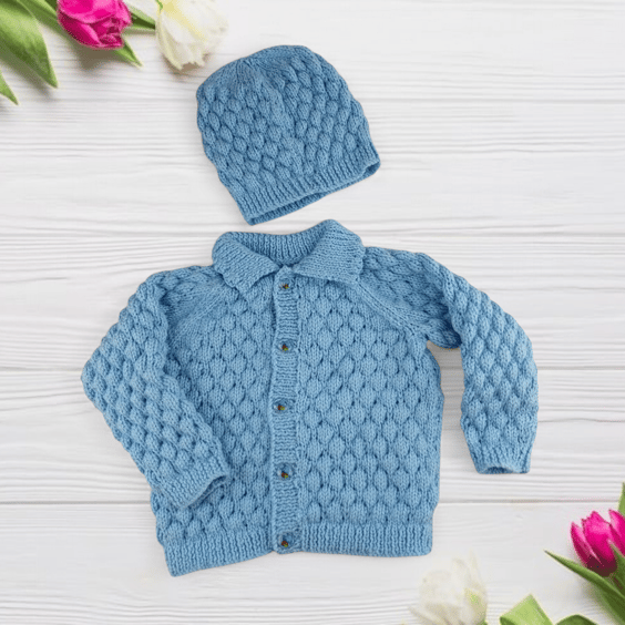Baby Blue Hand Knitted Cardigan and Hat Set for Boys, Bubble Stitch 9-18 Months,