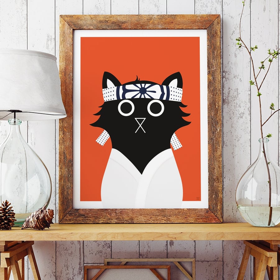 Daniel Cat Wall Art Print, Karate Kid Print, Cat Art Print, Karate Art, A4