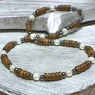 Mens Modern Pearl & Coconut Shell Necklace 20 Inch With Black Hematite