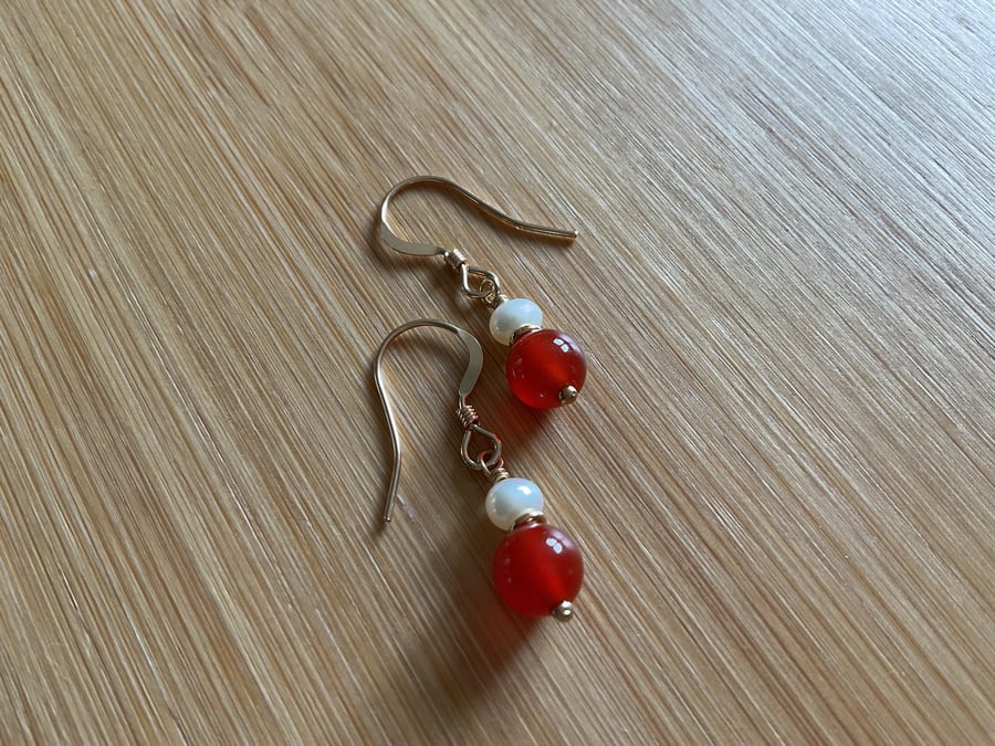 Carnelian and Freshwater potato Pearl 14k Gold filled dainty drop earrings