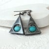 Hematite and turquoise blue glass triangular earrings
