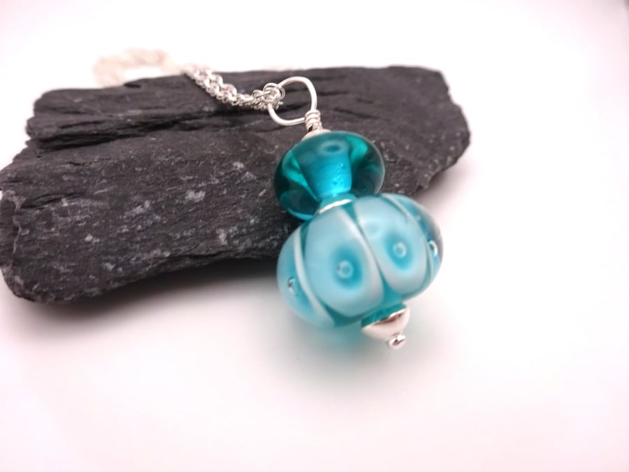 teal bubbles lampwork glass pendant necklace
