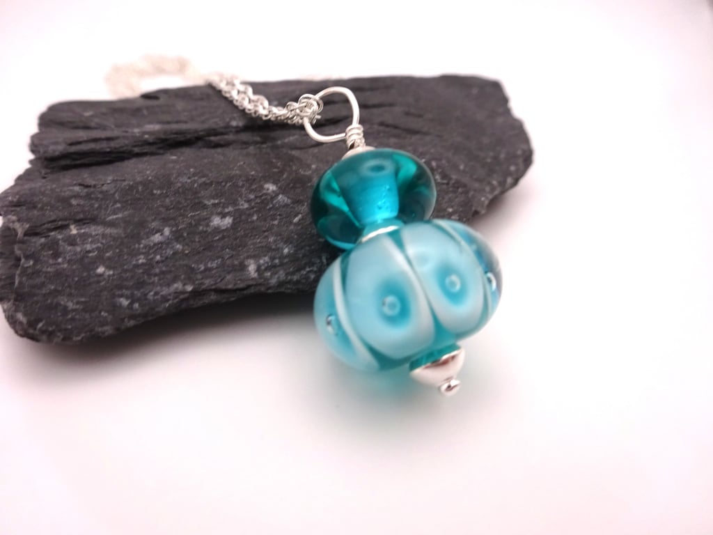 teal bubbles lampwork glass pendant necklace