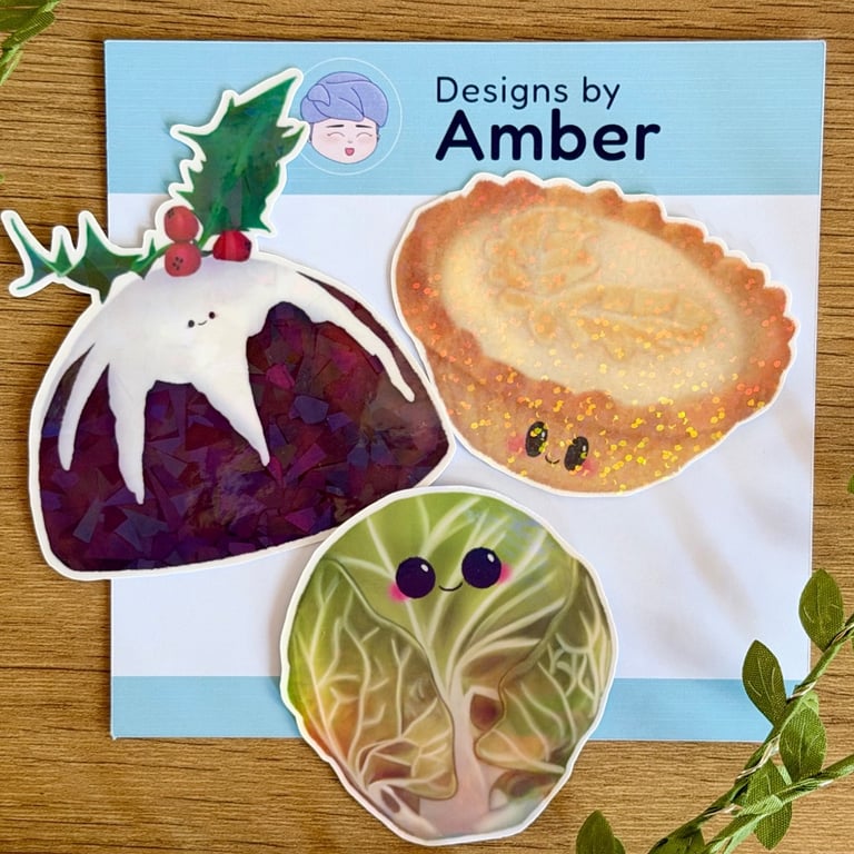 Christmas Vinyl Sticker Set - Festive Friends Mince Pie Brussels Sprout Holo
