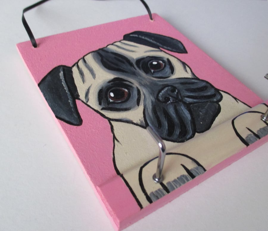 Pug Dog Lead Holder with 2 Hooks Painted Picture Doggy Lover Gift