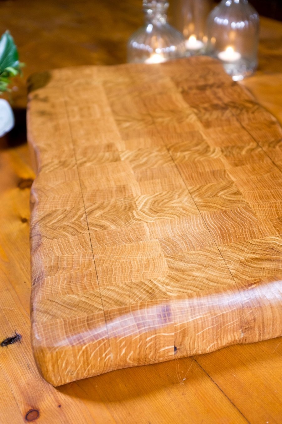 Personalised end grain butchers block, oak, natural edge. Cutting board