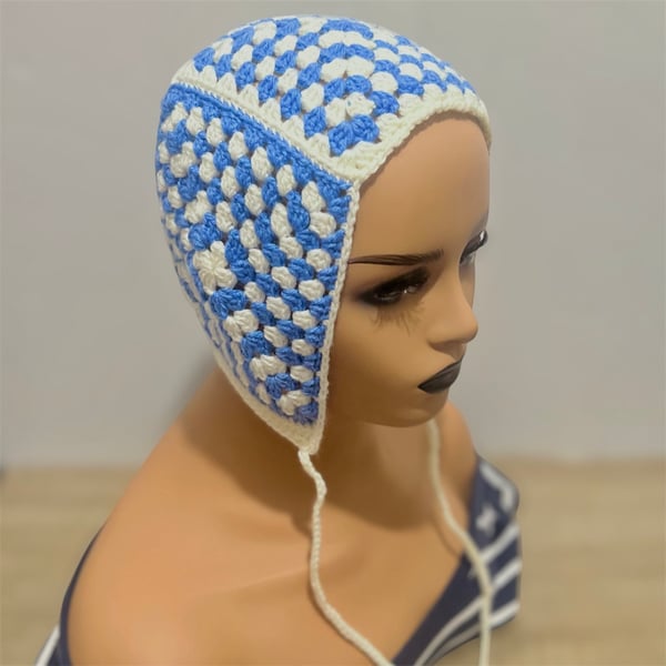 Crochet Bonnet in Blue and White Textured Granny Stitch Headscarf