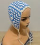 Crochet Bonnet in Blue and White Textured Granny Stitch Headscarf