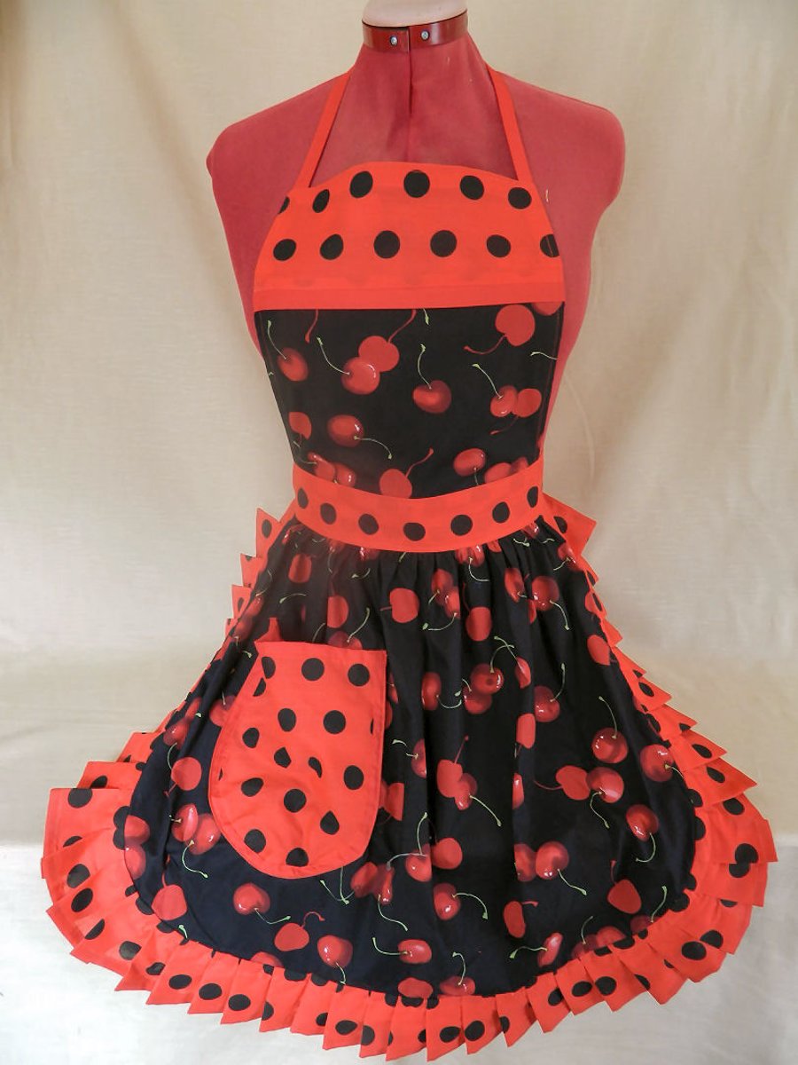 Vintage 50s Style Full Apron Pinny - Black & Red - Cherries (Cherry)