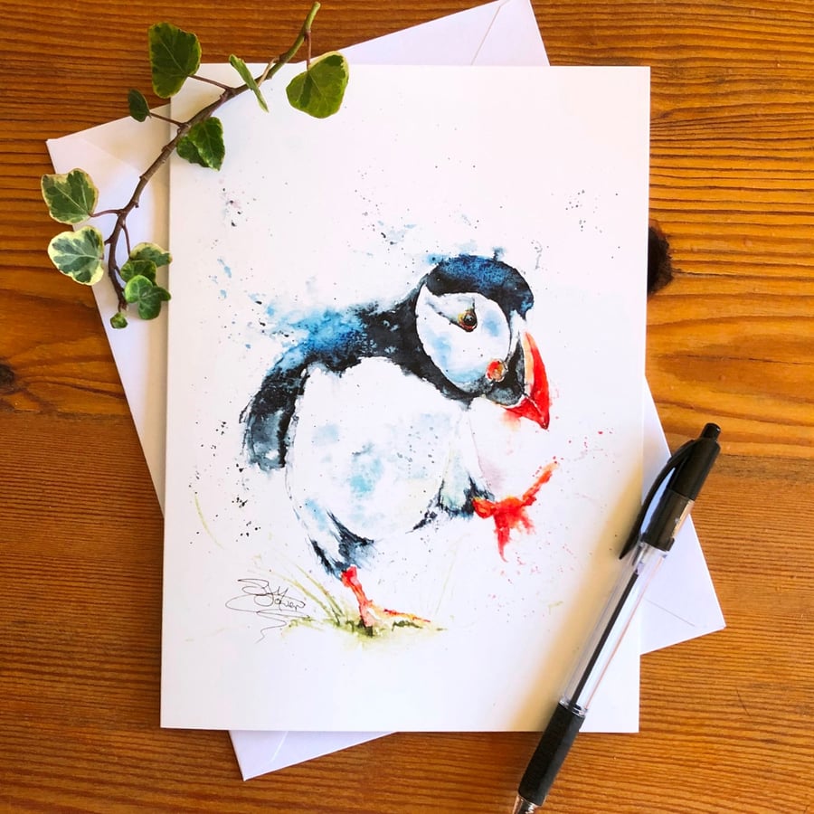 Puffin Billy Card, A5 blank greeting card with a watercolour puffin design