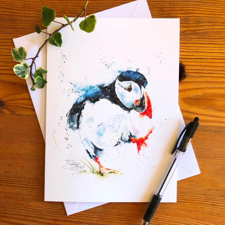 Puffin Billy Card, A5 blank greeting card with a watercolour puffin design