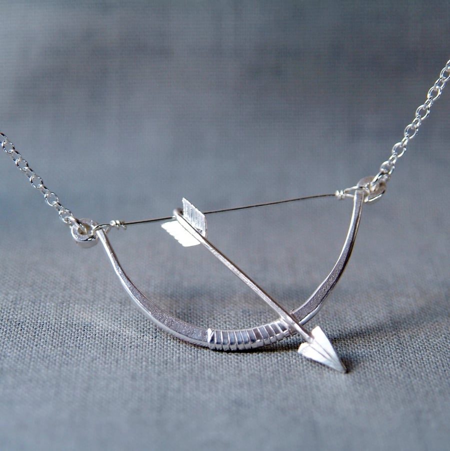 Bow and Arrow Necklace in Silver - Cupids Bow Valentine - L