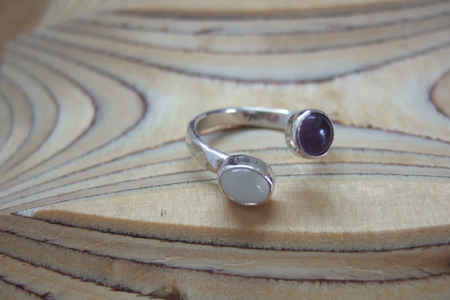 Open Set Sterling Silver Ring with Amethyst and Moonstone