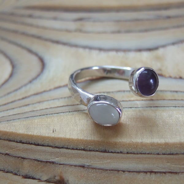 Open Set Sterling Silver Ring with Amethyst and Moonstone